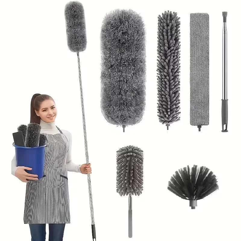 A collection of gray microfiber feather dusters with telescopic extension poles.
