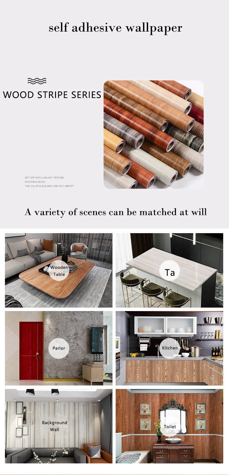 A variety of wood stripe series self adhesive wallpaper rolls shown in various tones and textures.