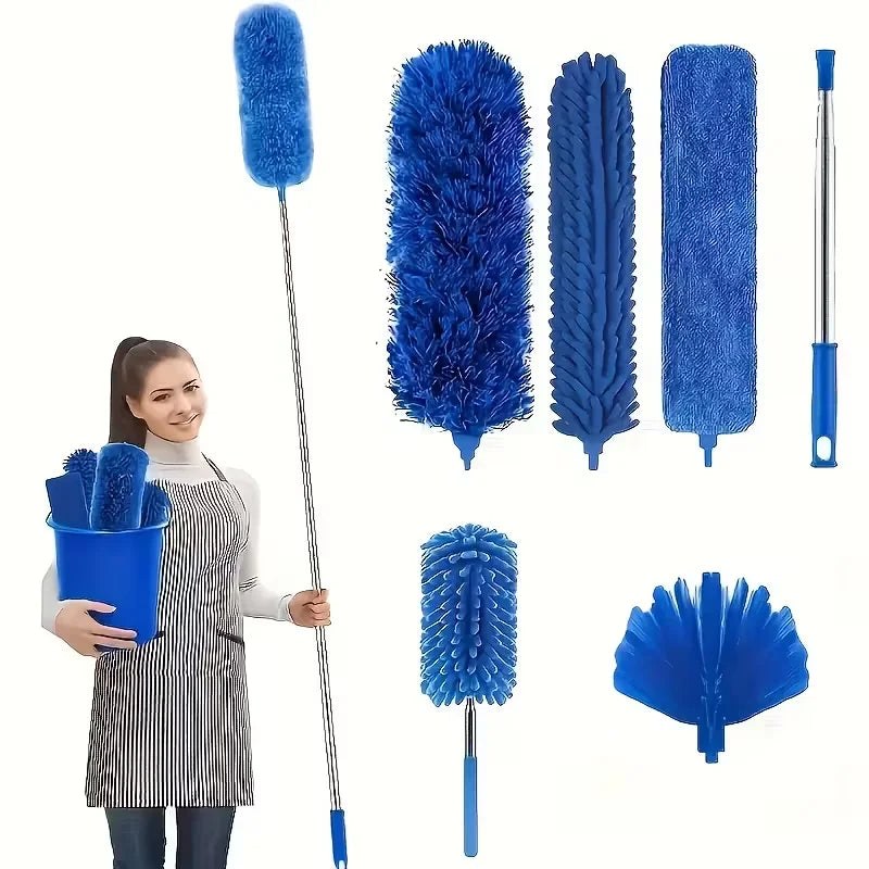 A collection of blue microfiber feather dusters with telescopic extension poles.
