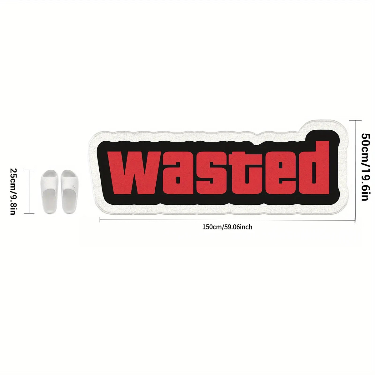 Alfombra de bienvenida tejida negra y roja con la palabra 'wasted'
