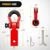 A red heavy-duty shackle hitch receiver with a D-ring and trailer pin shown with various dimensions.