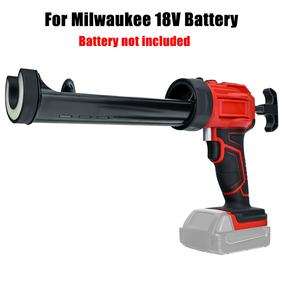 Black cordless electric caulking gun with an orange handle and gray base for Milwaukee 18V battery.