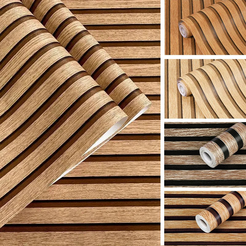Roll of wood grain striped peel-and-stick wallpaper showing various patterns and textures