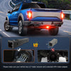 A blue pickup truck is shown with an aftermarket 2-inch LED brake and tail light installed on the rear, demonstrating a compa