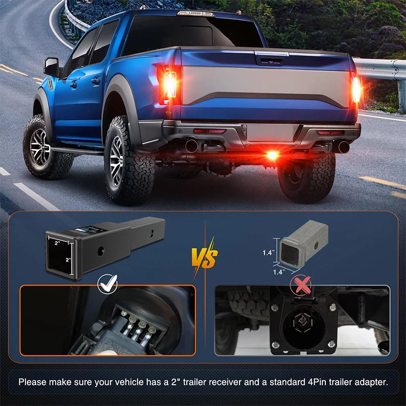 A blue pickup truck is shown with an aftermarket 2-inch LED brake and tail light installed on the rear, demonstrating a compa