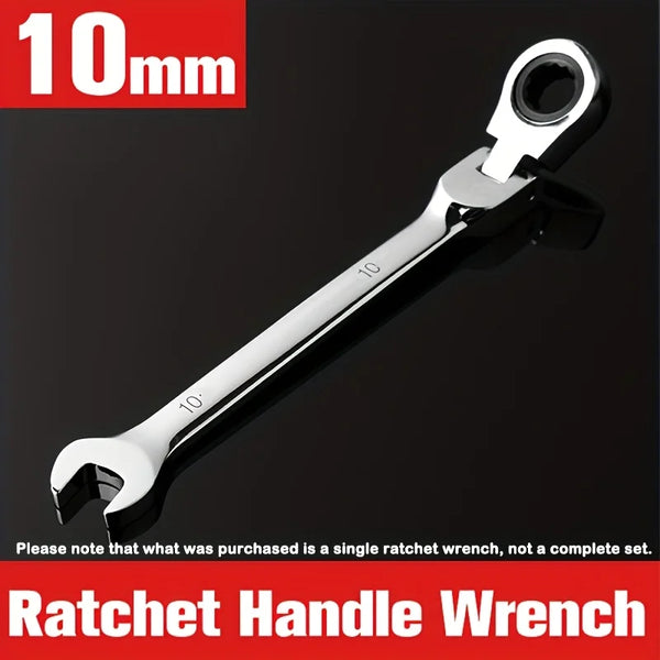 Llave de manivela de pasador plateada con marca de 10mm contra fondo negro.