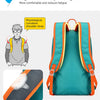 A teal backpack with orange straps, showing a breathable and cushioned design.