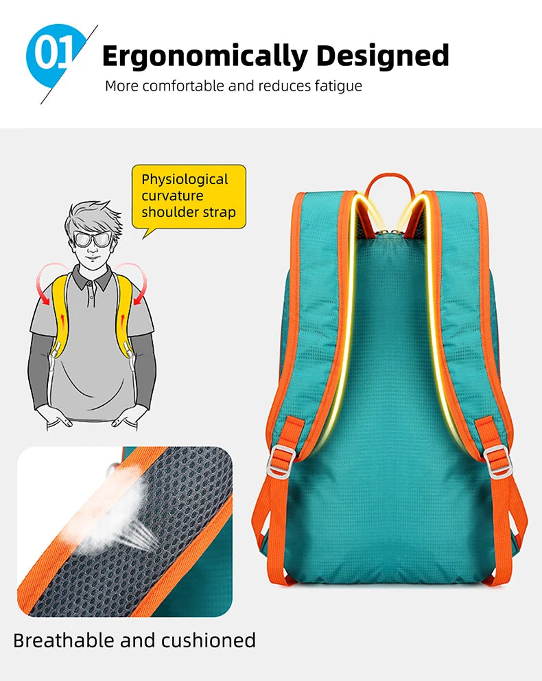 A teal backpack with orange straps, showing a breathable and cushioned design.
