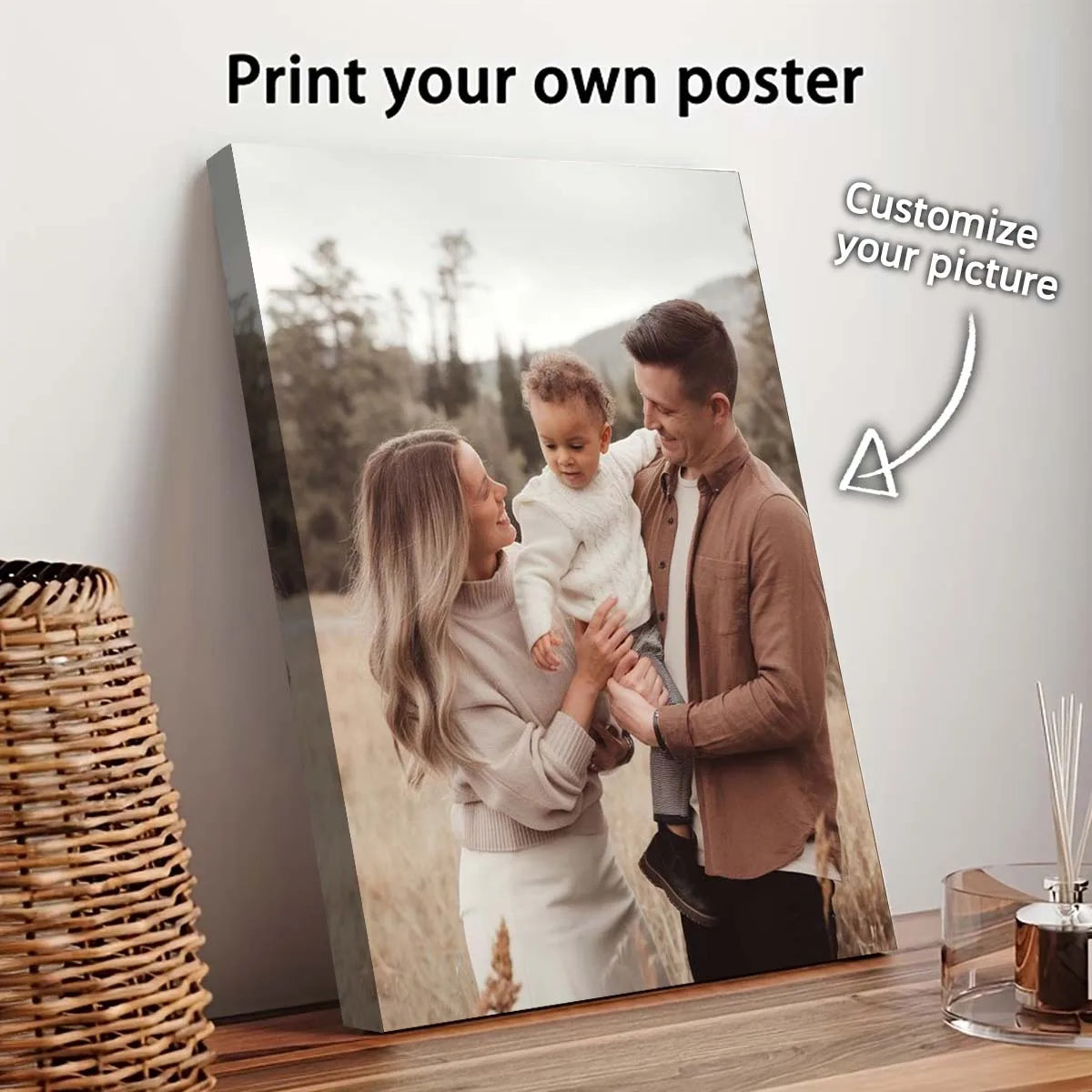 A framed photo of a woman and a man holding a baby, displayed on a wall with printing instructions.