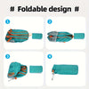 Four steps showing the folding and unfolding process of an ultra-light foldable travel backpack in teal and orange.