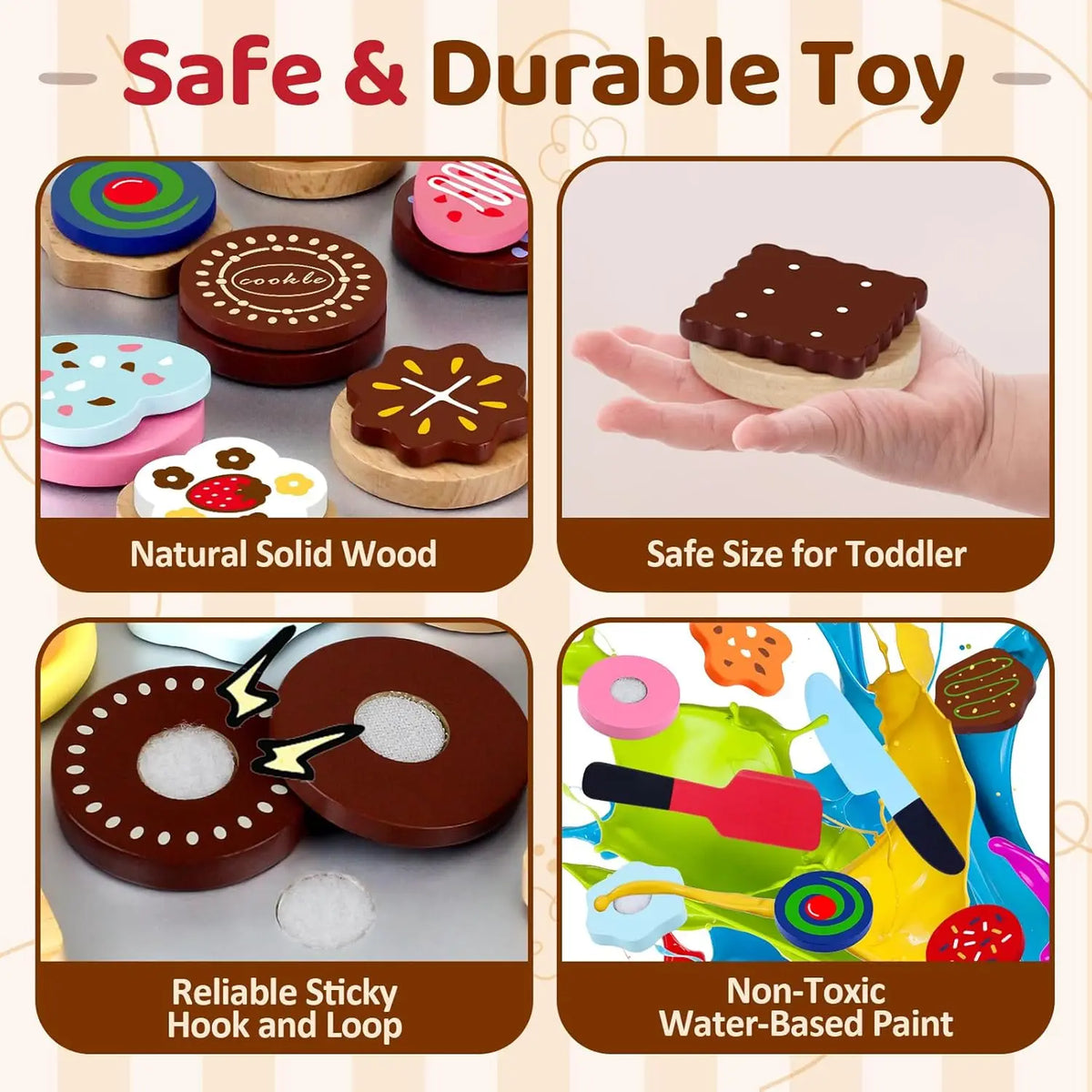 A set of wooden cookie play food toys including cookies and baking accessories like a hook and loop