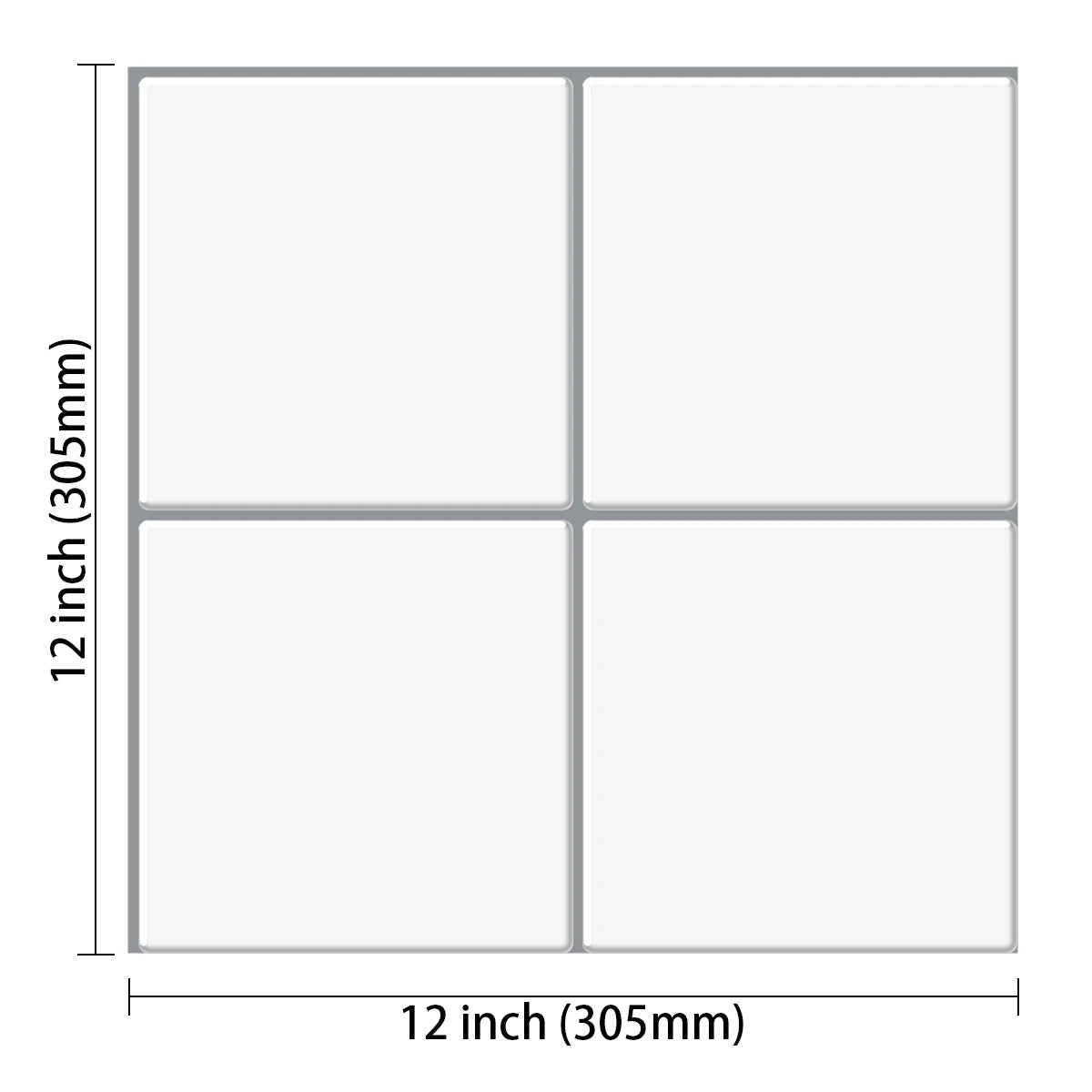 A sheet of self-adhesive tile stickers divided into four equal squares, measuring 12 inches by 12 inches.