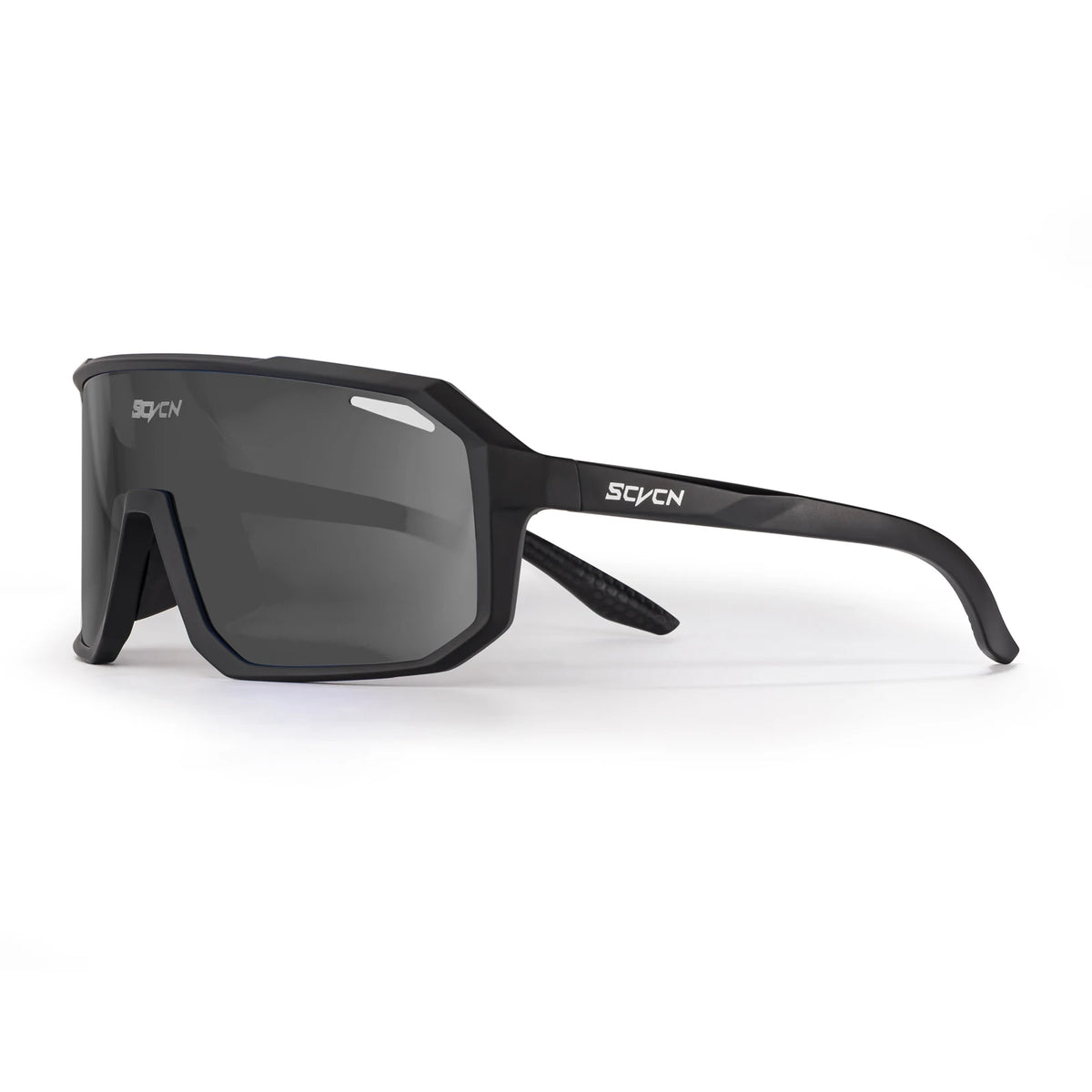A pair of black photochromic cycling sunglasses with a flexible arm and UV400 protection.