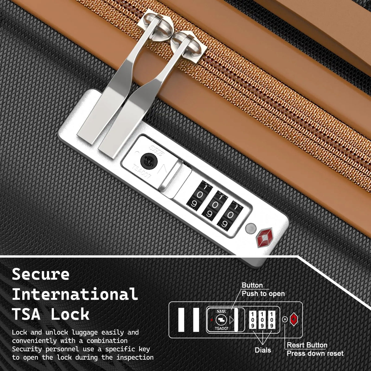 A silver lightweight hard-shell suitcase featuring a TSA lock with numbered dials and a button to open the lock.