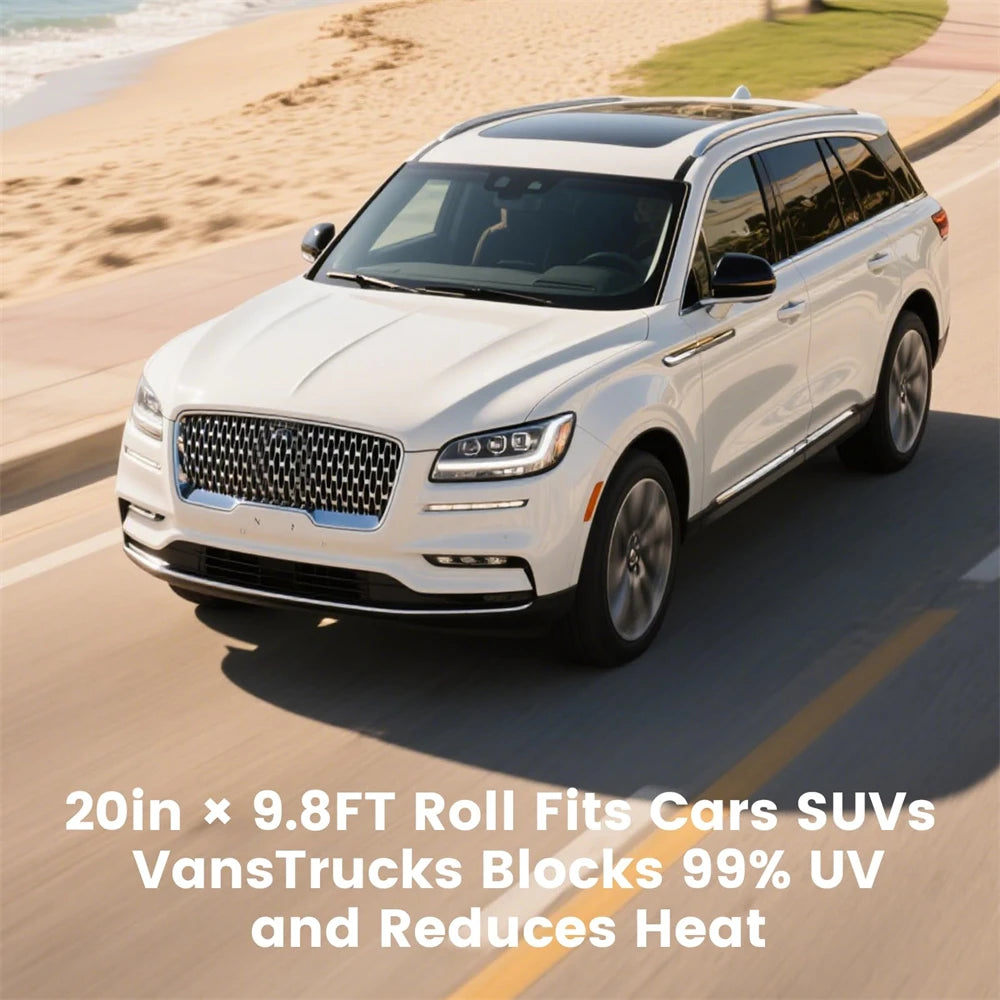 A white Lincoln SUV is shown driving on a road with a roll fit block installed on the side.
