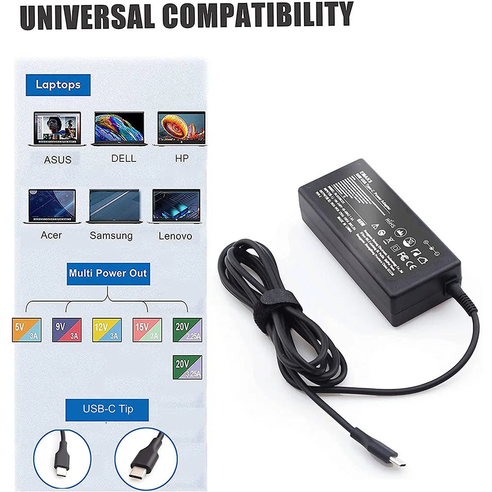 65W USB-C Laptop Charger with Power Delivery