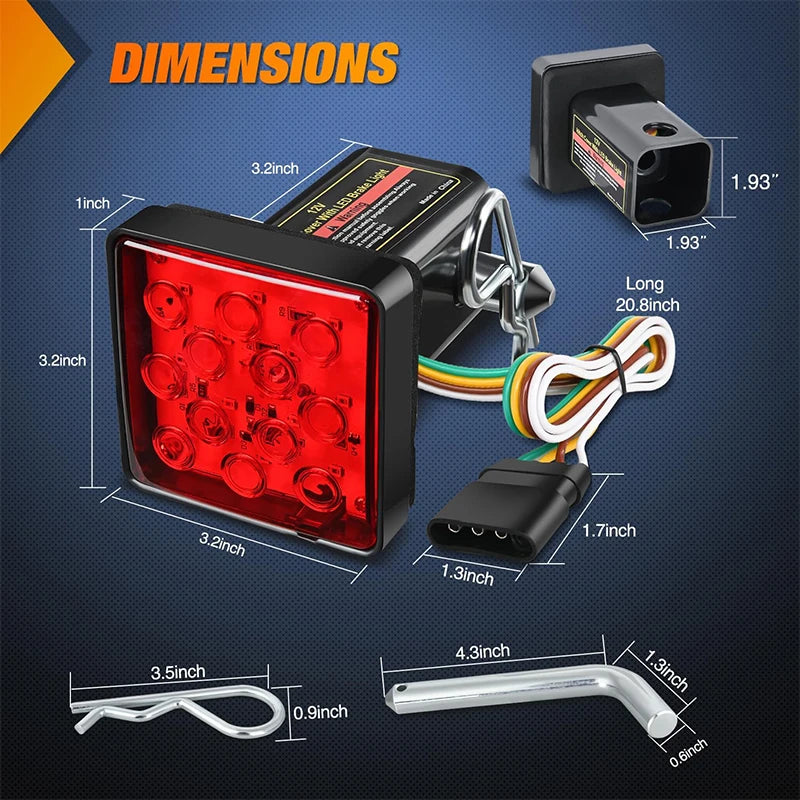 A 2-inch LED brake and tail light with running function is shown with its dimensions and mounting hardware.