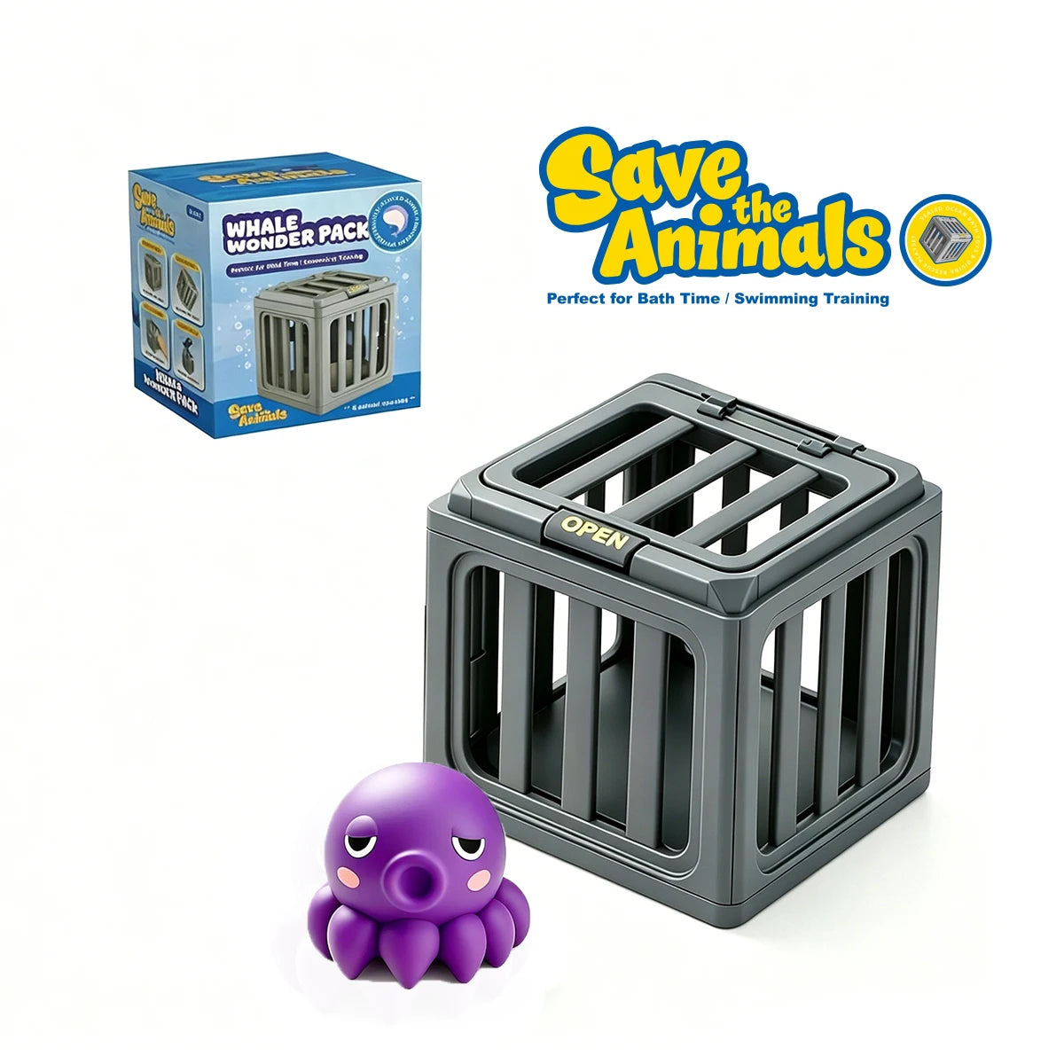 A gray plastic fish pool dive toy is shown next to a box of whale wonder pack toys.