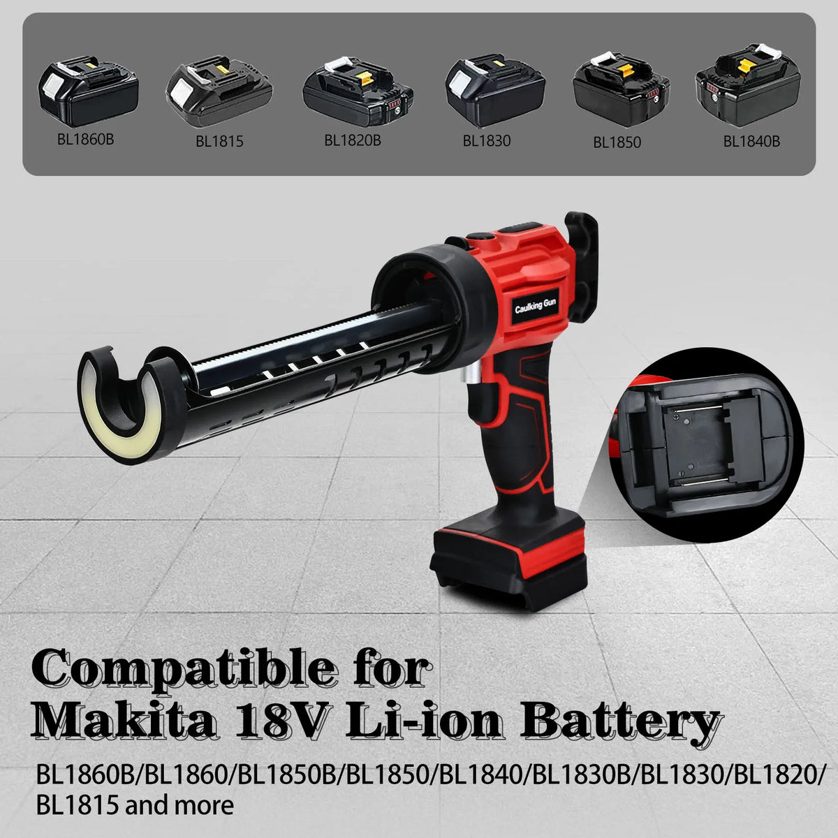 A red cordless electric caulking gun is shown with various Makita 18V Li-ion battery models for compatibility.