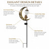 Elegant design details of a solar moon-shaped garden light featuring an antique bronze finish, cracked glass globe, and an ow