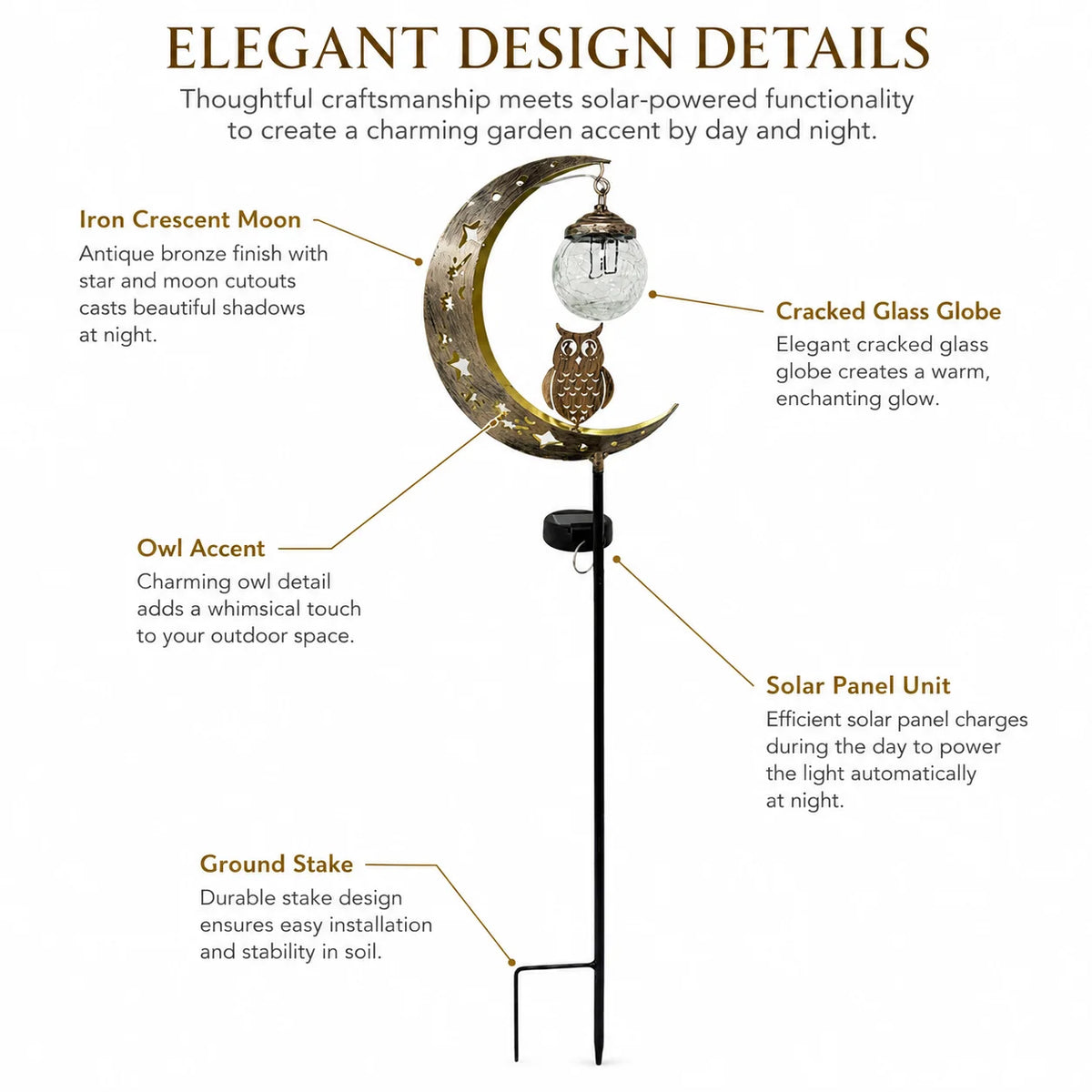 Elegant design details of a solar moon-shaped garden light featuring an antique bronze finish, cracked glass globe, and an ow