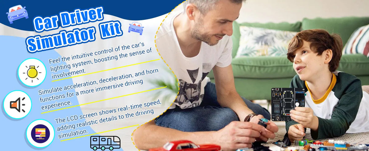 A man and a boy are using a DIY Car Driver Simulator kit to simulate driving functions.