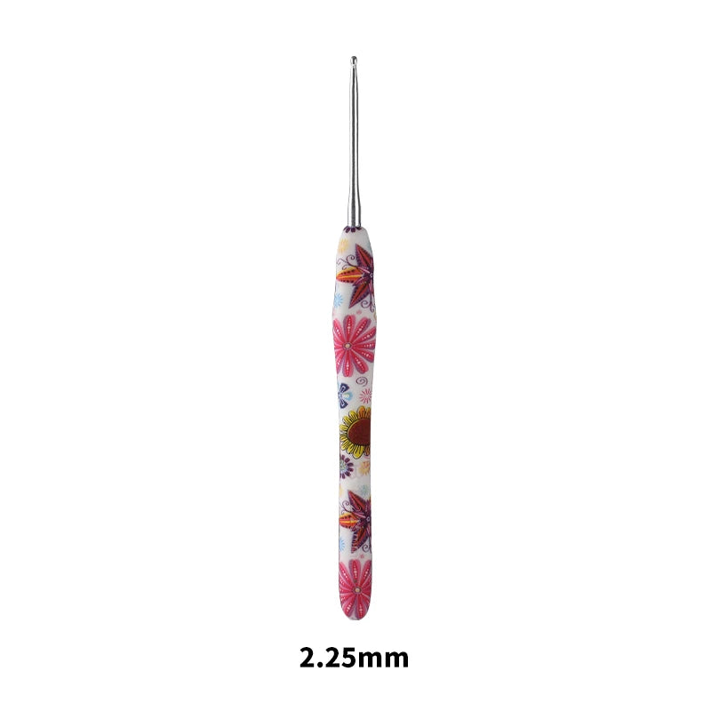 A single ergonomic crochet hook with a colorful sunflower design, measuring 2.25mm.