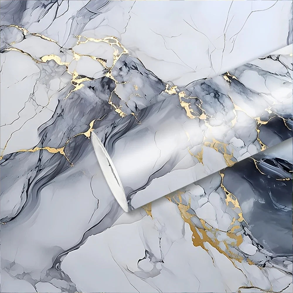 Marble pattern peel and stick self-adhesive wallpaper featuring gray and white marble with gold accents