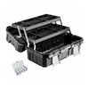 Black modular stackable tool organizer case with a hinged lid and removable inserts for workshop storage