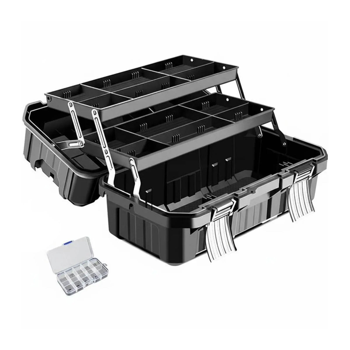 Black modular stackable tool organizer case with a hinged lid and removable inserts for workshop storage