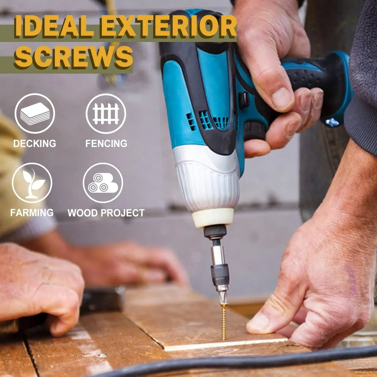 A hand uses a cordless drill to drive rust-resistant deck and fence screws into wood.