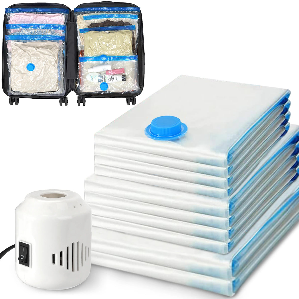 A stack of clear vacuum storage bags next to a white electric pump device.