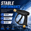 Black high-pressure cleaning gun delivering uniform pressure output for efficient and consistent cleaning results.