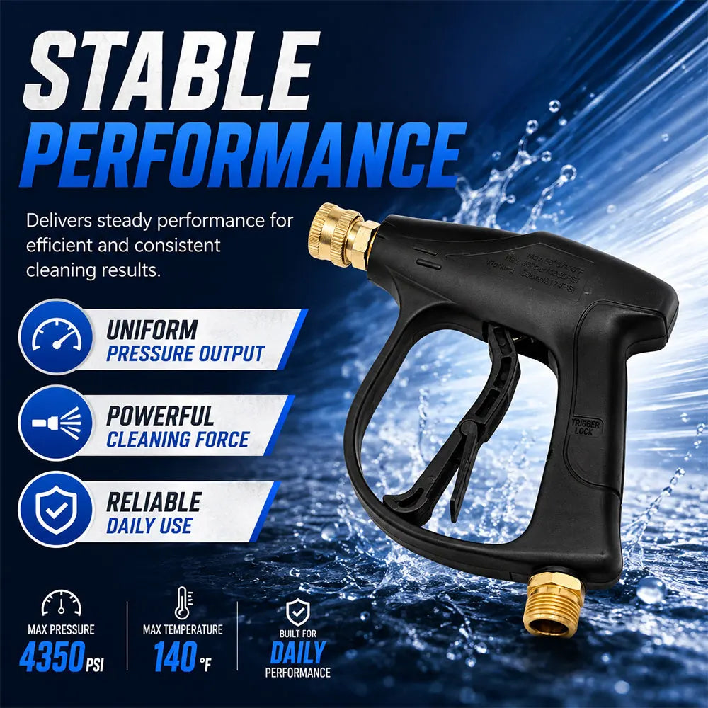 Black high-pressure cleaning gun delivering uniform pressure output for efficient and consistent cleaning results.