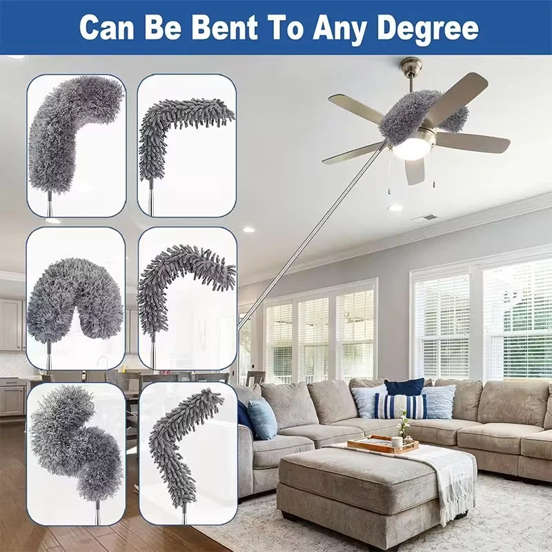 A microfiber duster with a telescopic extension pole is shown in various bent and curved shapes.