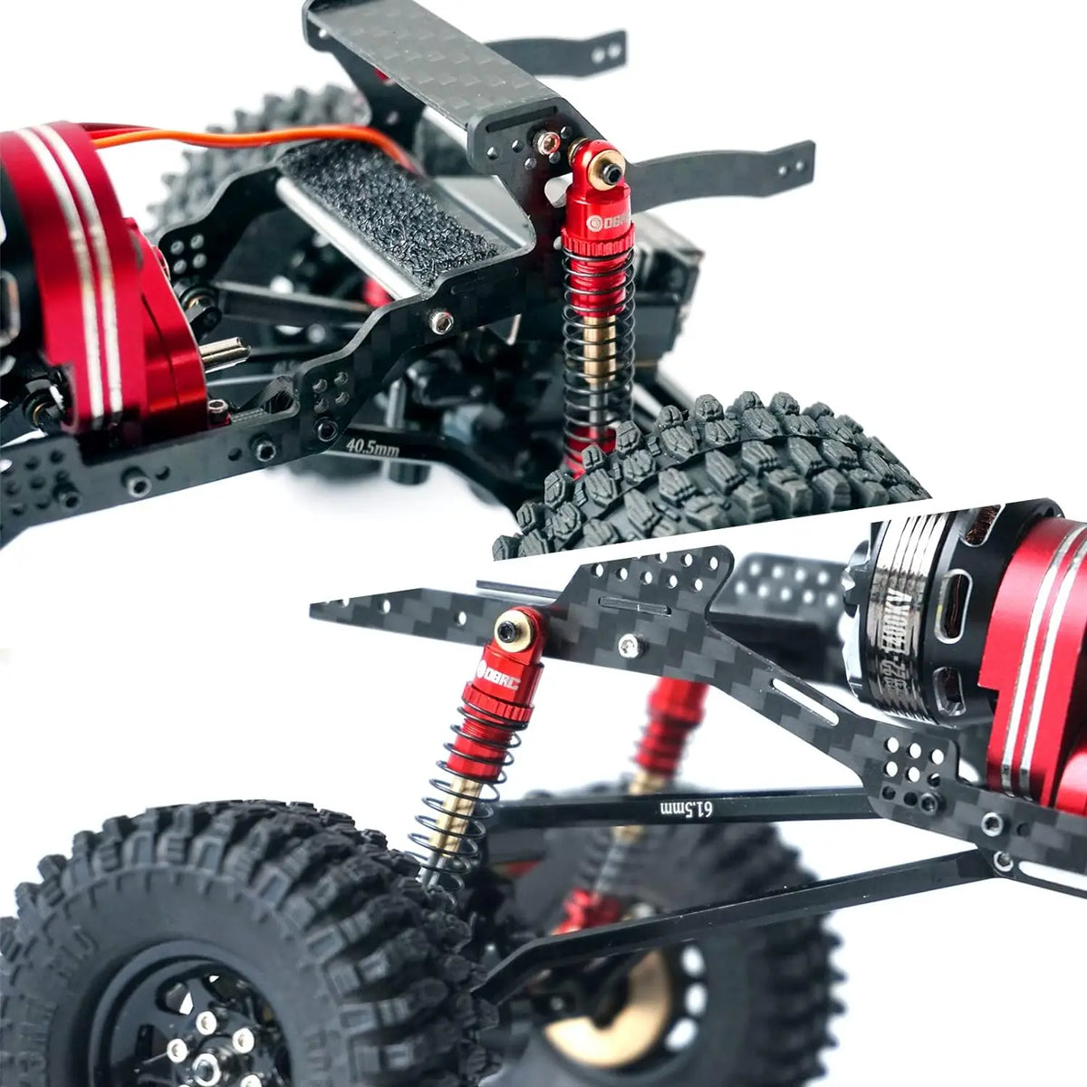 Close-up of a red and black aluminum shock absorber set for an RC crawler vehicle.