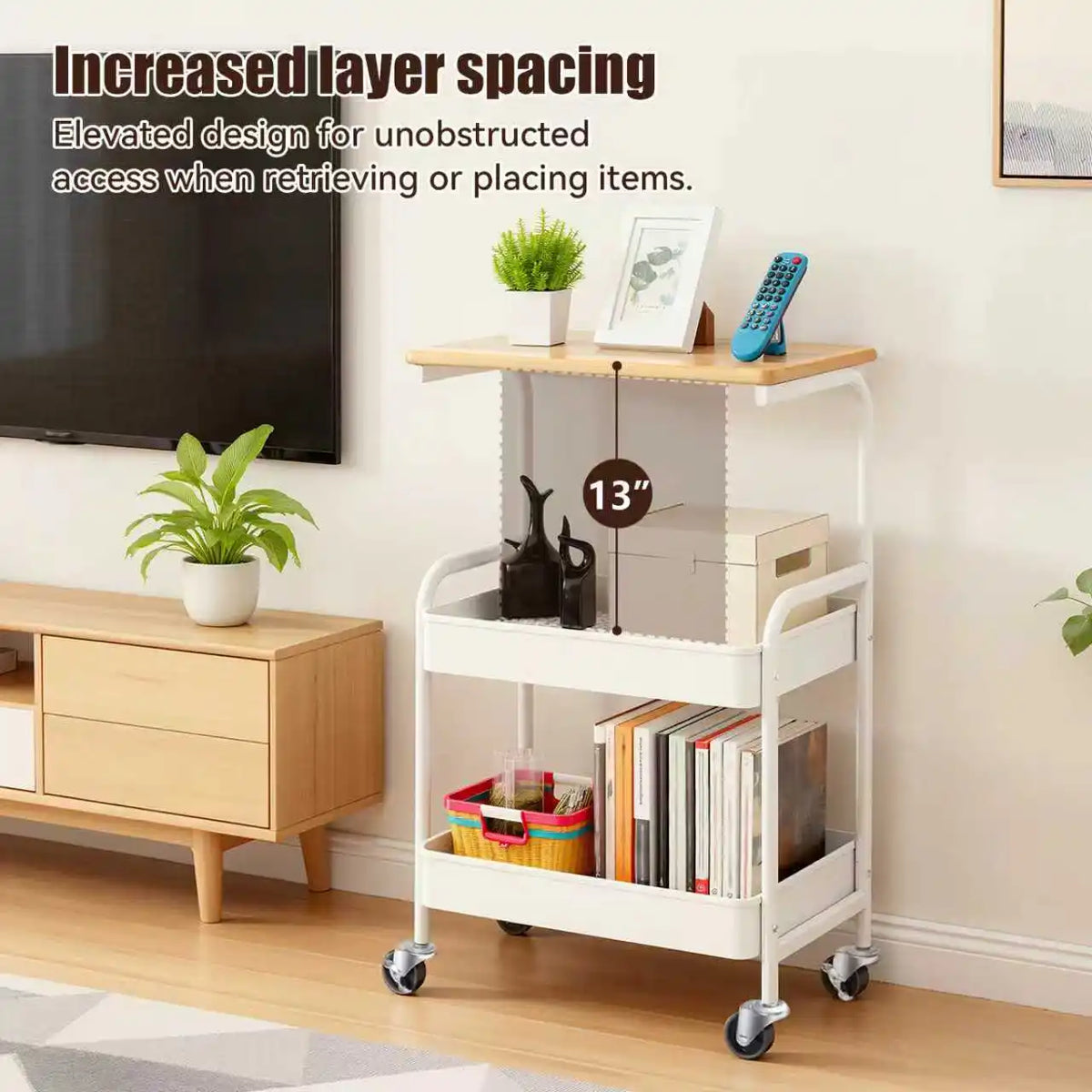A white 3-tier rolling utility cart with a wooden top and lockable wheels, featuring increased layer spacing.