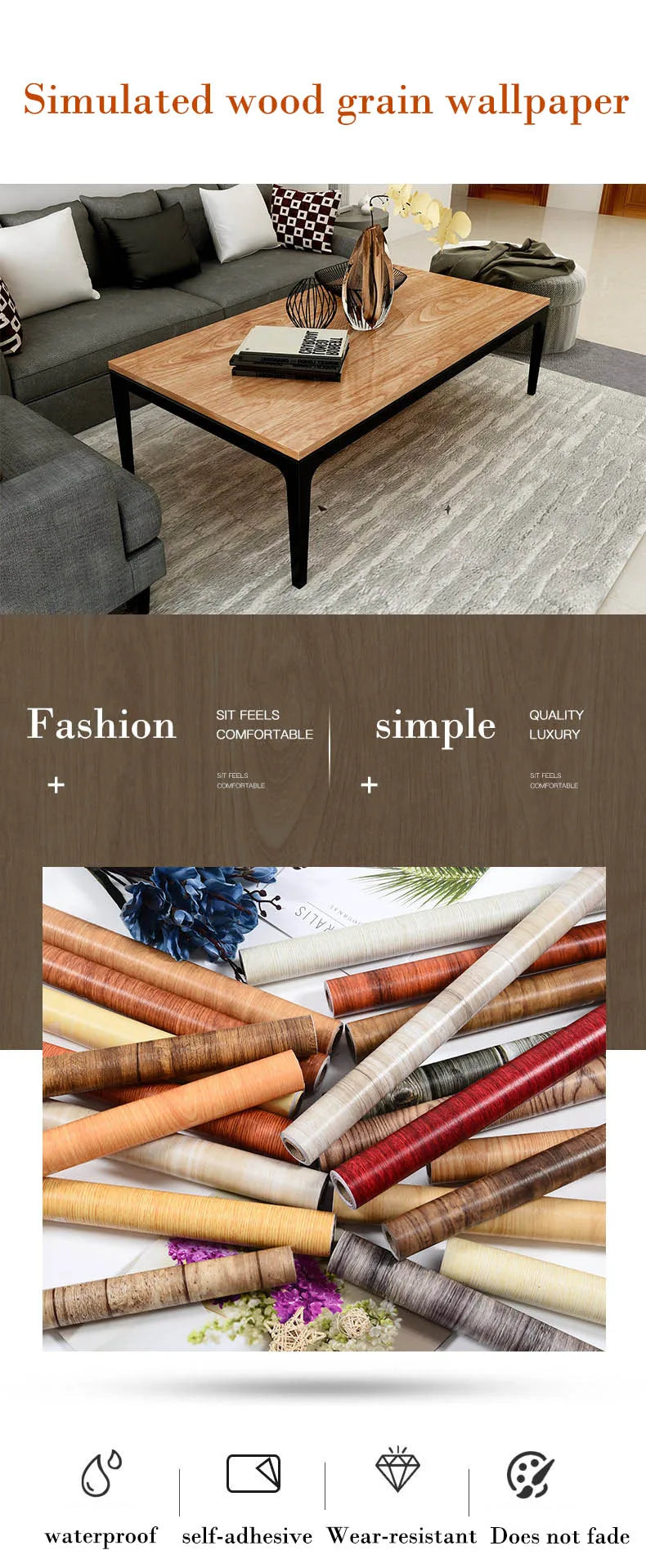 A collection of various wood grain wallpaper rolls in different shades and textures.