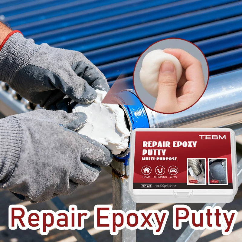 Hands applying Repair Epoxy Putty to a metal surface for a waterproof and heat resistant repair.