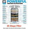 Diagram showing a 20-stage water filtration process for a shower head purifier with removable filter