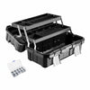 Black modular stackable tool organizer case with a hinged lid and removable tray for heavy-duty storage