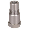 Stainless steel universal oxygen sensor with a threaded body and a perforated top.