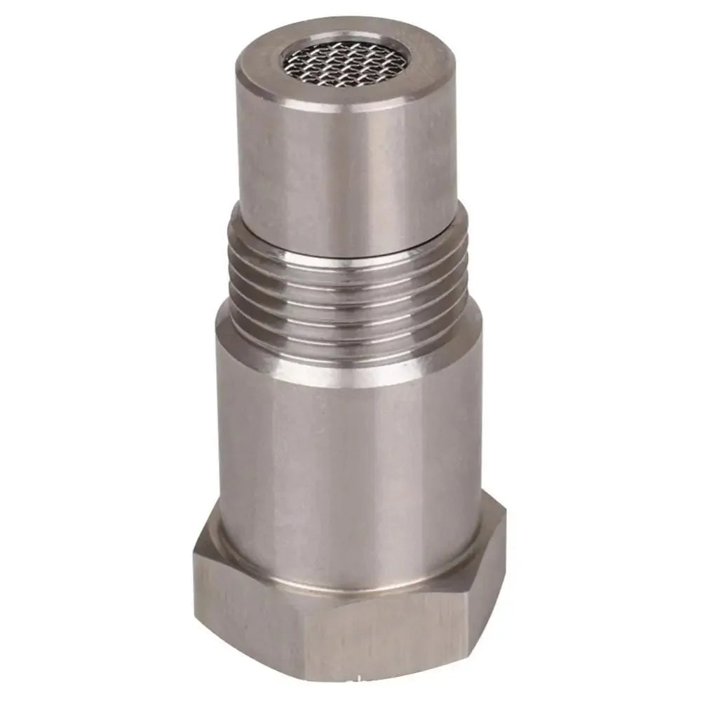 Stainless steel universal oxygen sensor with a threaded body and a perforated top.