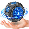 A black polyhedral dice with a glowing blue center is held in a hand, demonstrating its spinning capability.