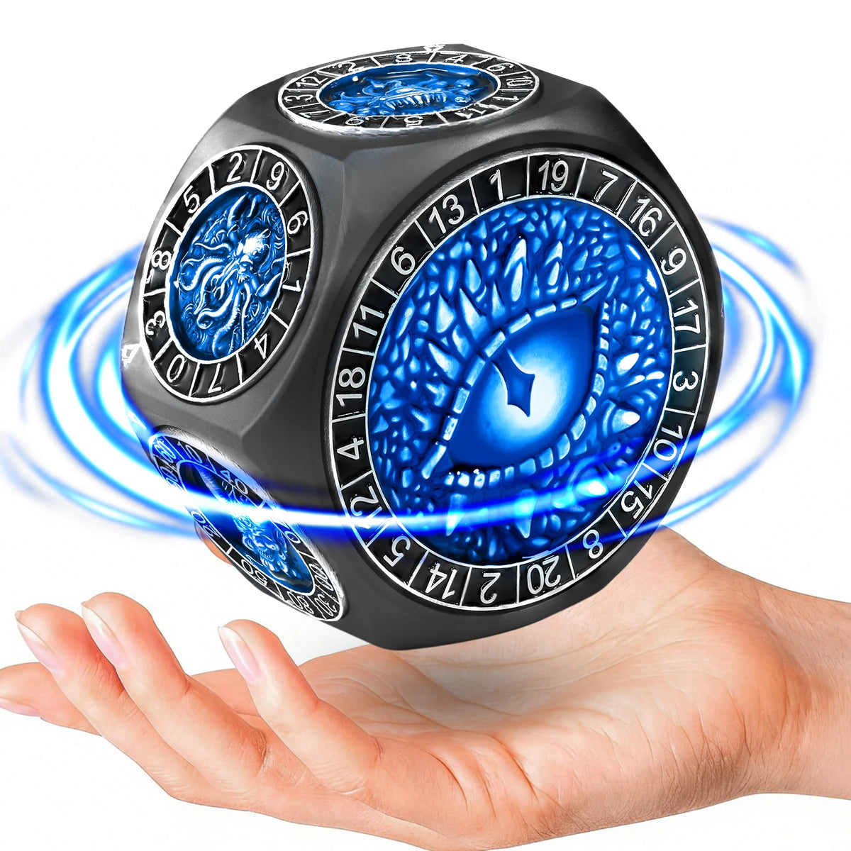 A black polyhedral dice with a glowing blue center is held in a hand, demonstrating its spinning capability.