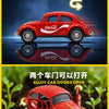 Red die-cast Volkswagen Beetle collectible car demonstrating rear wheel force and open doors.