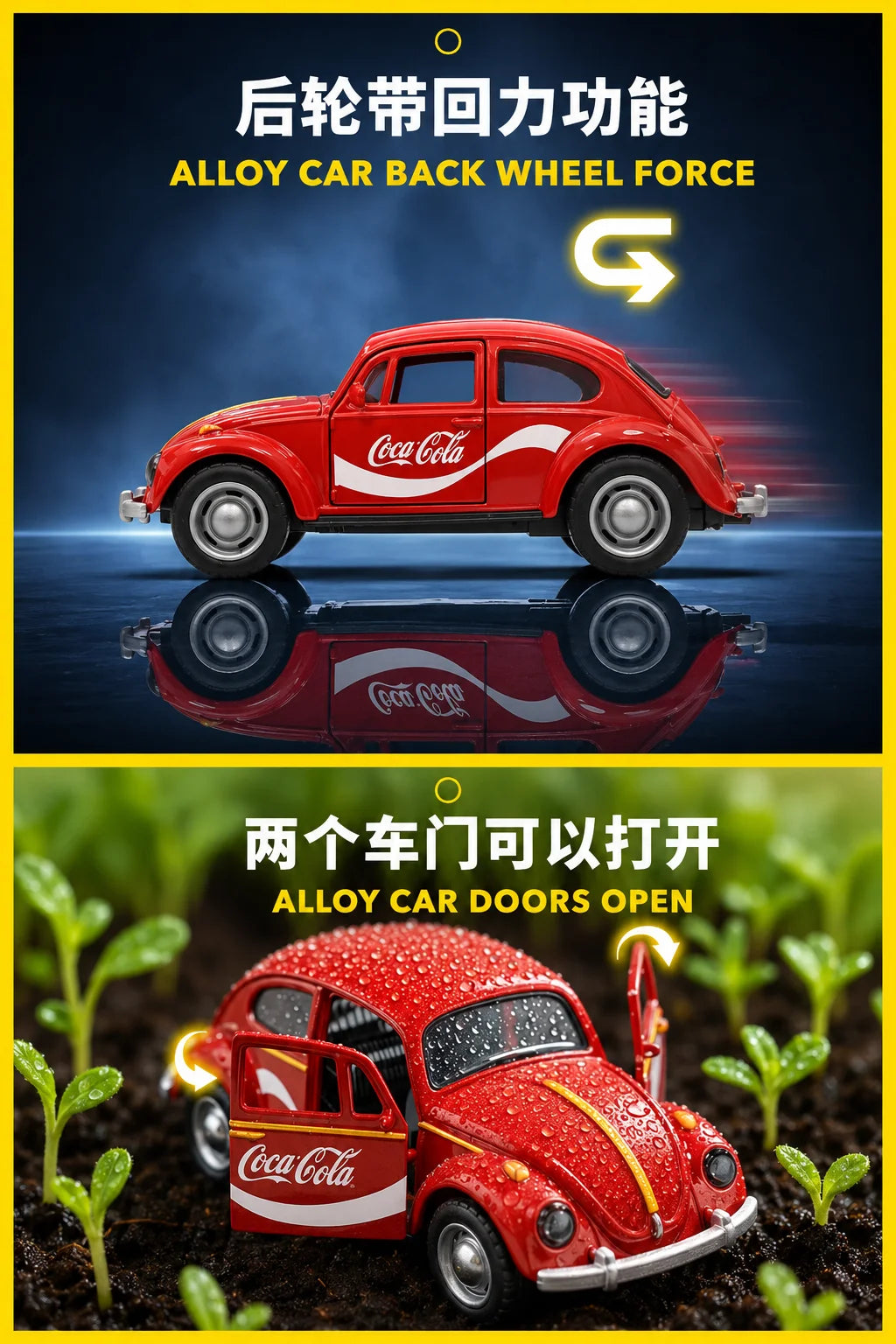 Red die-cast Volkswagen Beetle collectible car demonstrating rear wheel force and open doors.