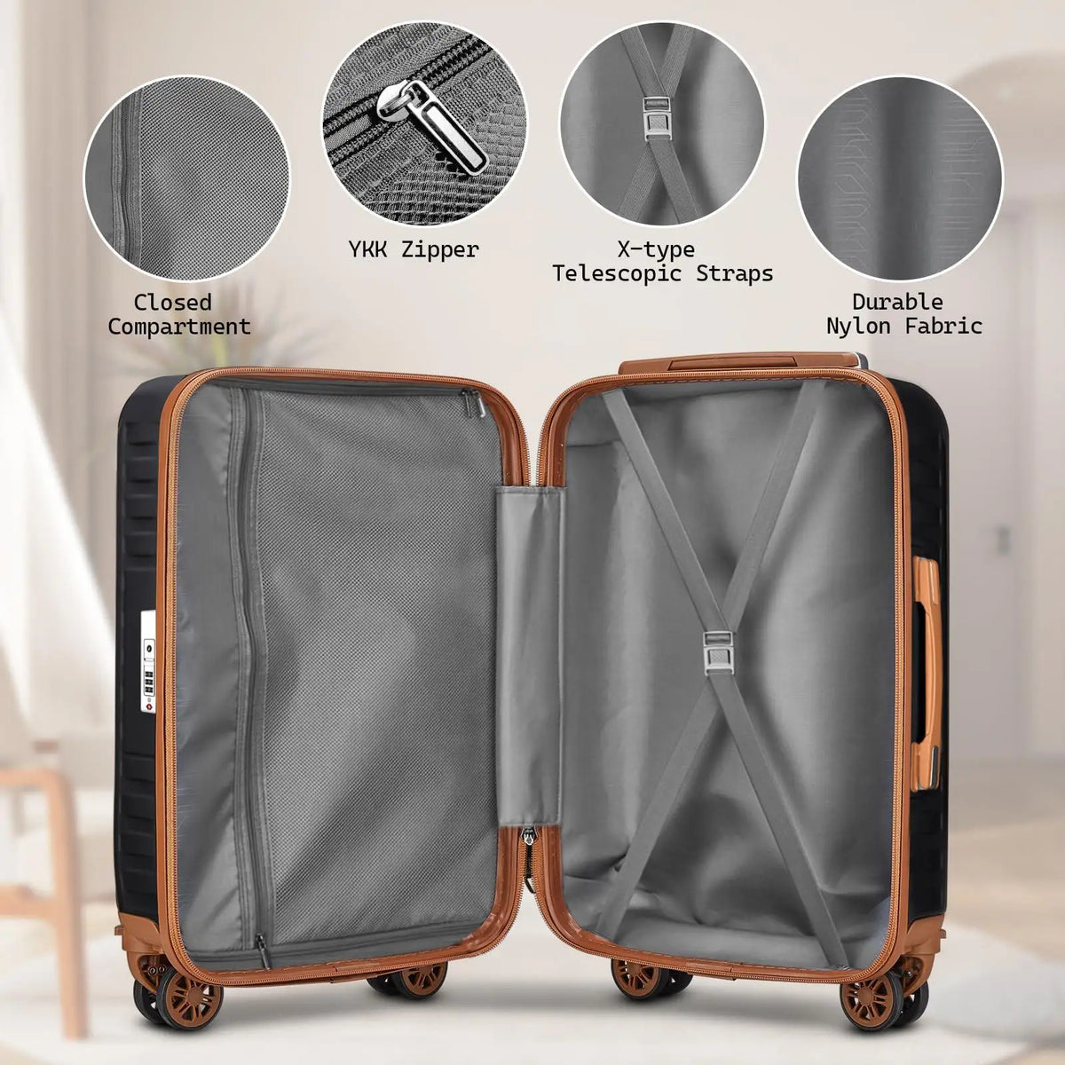 Gray lightweight hard-shell spinner suitcase with brown accents and telescopic straps shown open.