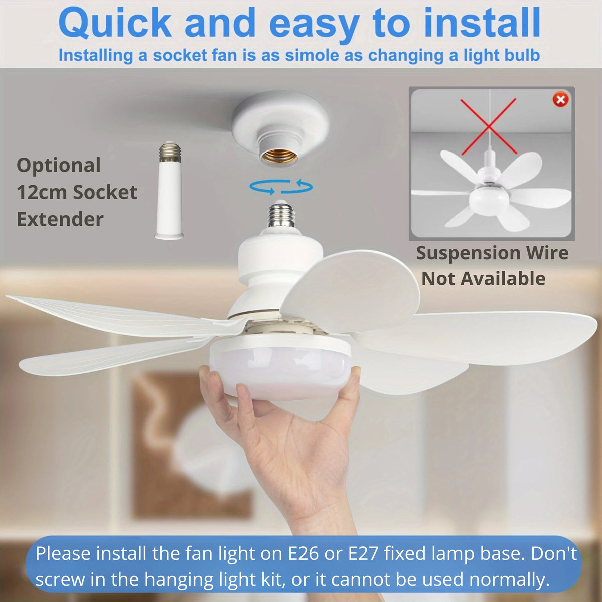 A hand installs a white ceiling fan light kit onto a fixture, demonstrating the simple installation process.