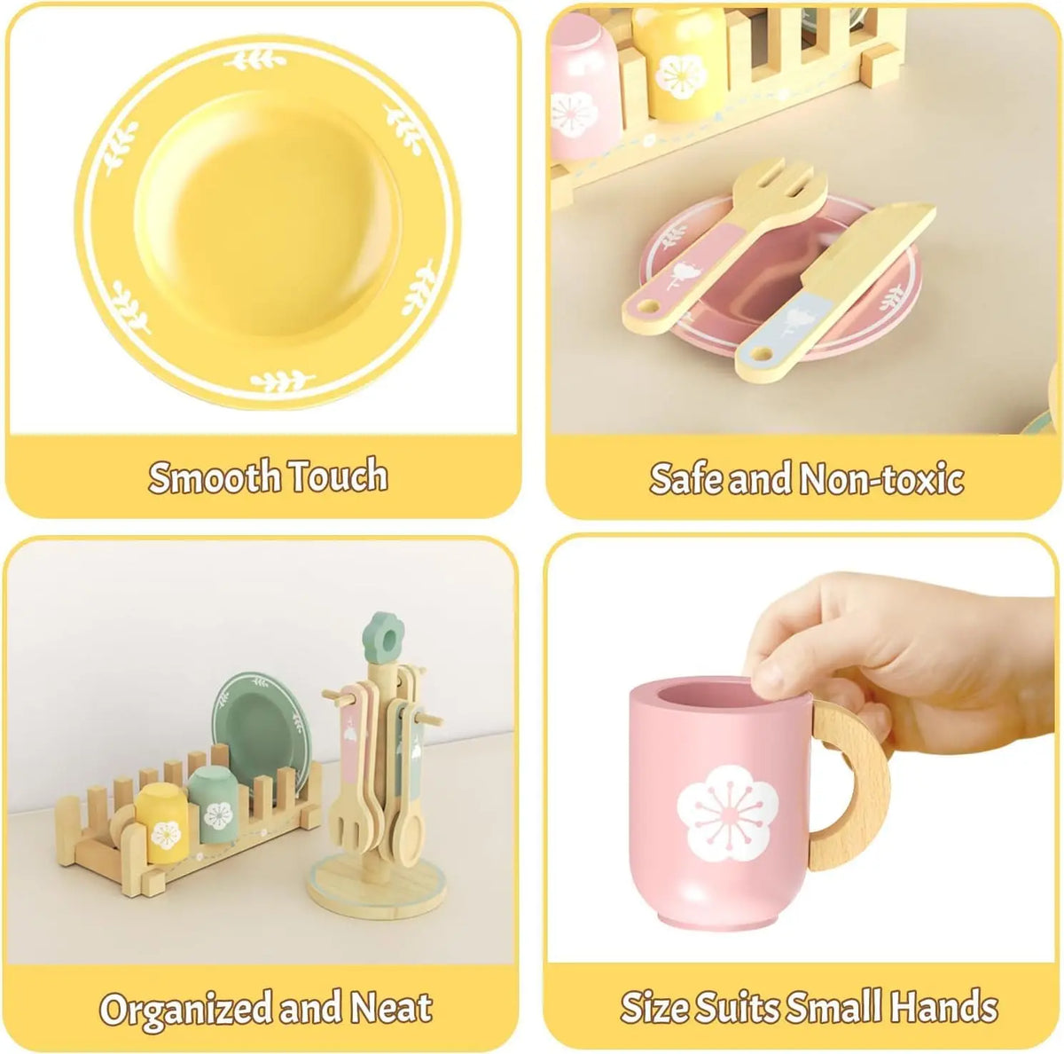 A set of wooden cookie play food and baking accessories for small hands, featuring smooth touch, safe and non-toxic materials